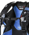 Close-up of Backmount Scuba BCD with 180 N lift, ultra lightweight foldable dive jacket, black blue, size large, for comfort and durability.