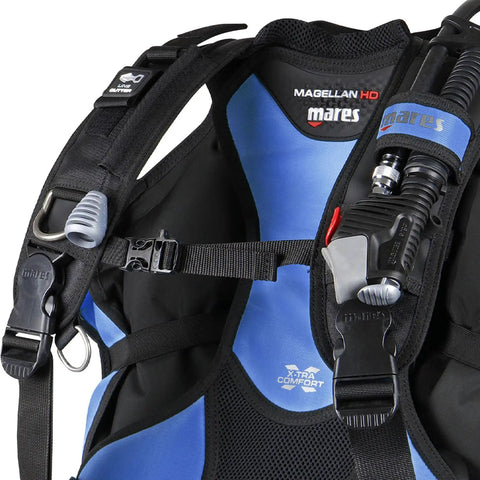 Close-up of Backmount Scuba BCD with 180 N lift, ultra lightweight foldable dive jacket, black blue, size large, for comfort and durability.