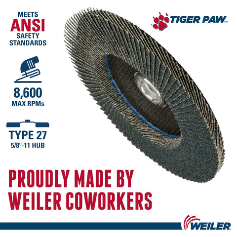 Tiger Paw XHD Pro Grade Heavy Duty Zirconia Alumina Flap Disc Type 27 Flat Backing 7 Inch Diameter Five Eighth Inch Arbor 40 Grit 8600 RPM Pack Of Ten For Metal Grinding And Deburring