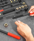 VEVOR thread chaser set in-use: red-handled ridged threading tool beside storage case