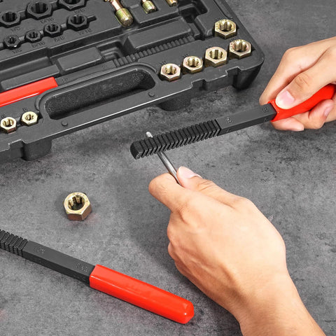 VEVOR thread chaser set in-use: red-handled ridged threading tool beside storage case