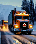 Truck with Tough As Nails Slow Moving Vehicle Sign 14x16 Inch Triangle Safety Sign driving on snowy road at night