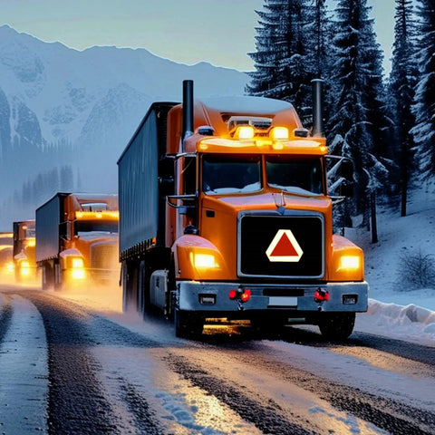 Truck with Tough As Nails Slow Moving Vehicle Sign 14x16 Inch Triangle Safety Sign driving on snowy road at night