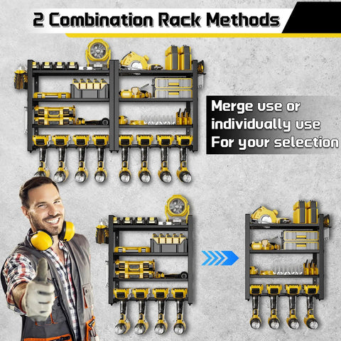 Heavy Duty Power Tool Organizer Wall Mount For Garage With 8 Cordless Drill Holders 4 Tier Metal Shelf For Battery Storage 7 Hooks