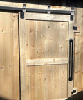 Heavy Duty Box Rail Hanger Bracket With Bolts For Exterior Barn Door Hardware Set Of 4 In Silver, installed on a wooden door.