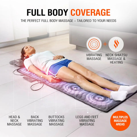 Woman using Full Body Massage Mat With Heat And Shiatsu Vibration for bed or floor, showing full-body coverage and massage areas.