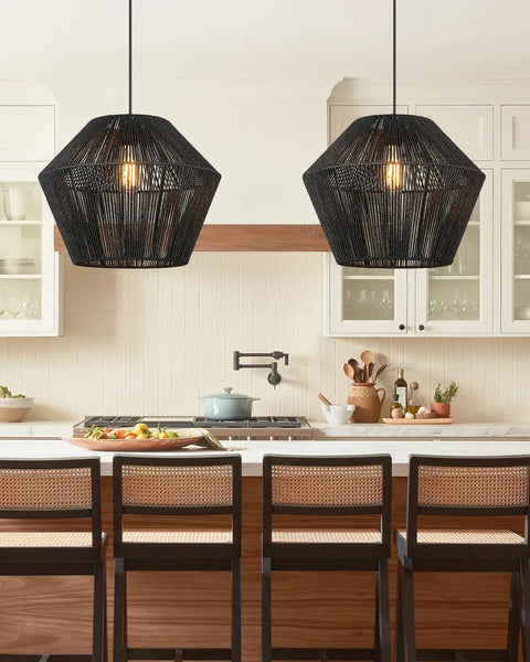 Kitchen scene with Handwoven Rattan Basket Shade Boho Chic Pendant Light 16.5 Inch Matte Black Modern Farmhouse Coastal Chandelier