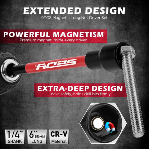 Close-up of a Pro Grade 63 Piece Metric Socket Set and Nut Driver Kit showing 1/4 inch shank and magnetic features.