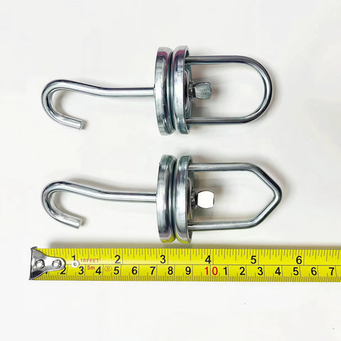 Beefy Heavy Duty Powder Coating Swivel Hooks Set With 360 Degree Ball Bearing Spinner And V And U Hooks, 250 LB Capacity, Steel Hangers For Painting Powder Coating And Spray Booths, 4 Pack, shown with tape measure