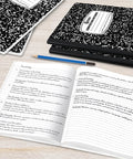 Bulk 50 Pack Composition Notebooks With Hard Covers, College Ruled, 200 Pages Each, 9.75 by 7.5 Inches, open on wooden desk.
