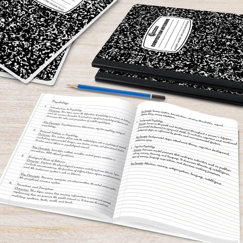Bulk 50 Pack Composition Notebooks With Hard Covers, College Ruled, 200 Pages Each, 9.75 by 7.5 Inches, open on wooden desk.