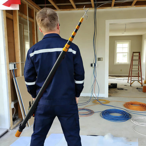 Heavy Duty 19.6ft Telescopic Cable Pulling Pole Made From High Density Carbon Fiber held by professional, ready for wire pushing.