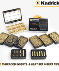 Slick Pro Setup M3 Heat Set Inserts And Legit M3 Socket Screw Tool Kit With Hex Wrench And Hassle Free Installation Tip For Heavy Duty 3D Printing And Maker Creations displayed with assorted threaded brass inserts and tools.