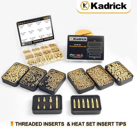 Slick Pro Setup M3 Heat Set Inserts And Legit M3 Socket Screw Tool Kit With Hex Wrench And Hassle Free Installation Tip For Heavy Duty 3D Printing And Maker Creations displayed with assorted threaded brass inserts and tools.