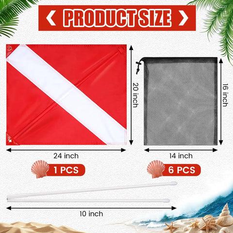 Six Pack Mesh Snorkel Gear Bags With Diver Down Flag For Scuba And Spearfishing 14x16 Inch Scallop Bags And 20x24 Inch Nylon Flag