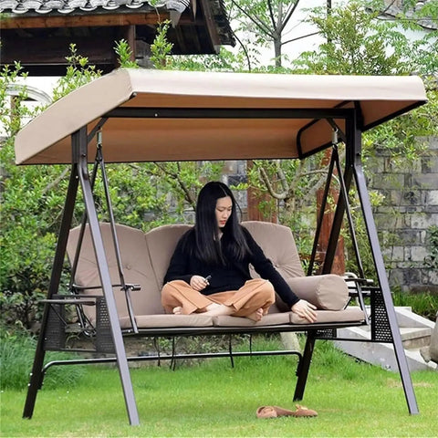Heavy Duty Swing Chair Canopy Replacement Top Cover For 2/3 Seater Garden Swing Patio Seat Waterproof Windproof Rip Proof 210D Beige