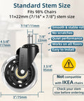 Diagram of Upgraded Inline Style Office Chair Wheels 3 Inch Rubber Casters with universal fit and standard stem size