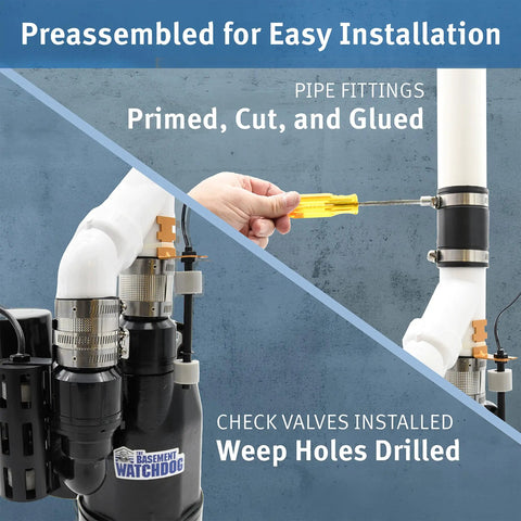 Top Shelf Primary And Battery Backup Sump Pump System Featuring Wifi Monitoring Plus Plug And Play Preplumbed Pipes for easy installation with cut and glued fittings.