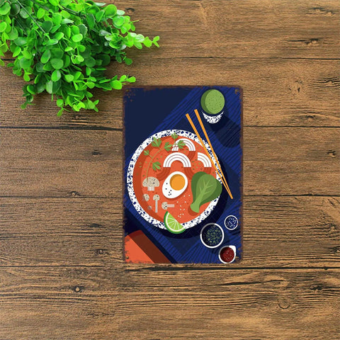 Ramen Bowl Tin Sign Metal Wall Art 8x12 Inch Vintage Style Poster on wood background, with predrilled holes for decor