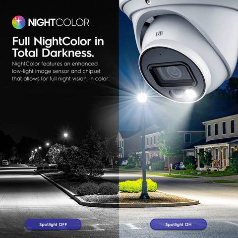 2 Pack 4K AI PoE Outdoor Turret Camera System With Built In Mic, Night Color Night Vision, showing spotlight effect at night.