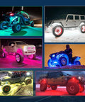 Off-road vehicles displaying Curved RGBW LED Rock Lights Kit With 12 Pods Underglow Multicolor Neon Lighting for Trucks and SUVs