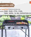 Outdoor grill with stove featuring EX60, DL60, CT32 models, compatible with Camp Chef stoves for secure cooking.