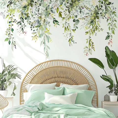 Bedroom with green plants wall decals peel and stick large floral leaves over bed, removable vine home decor art.