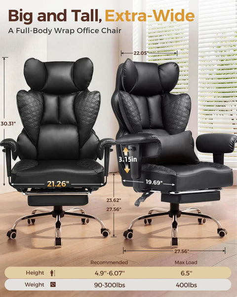 Big And Tall Office Chair For Heavy Duty Comfort with Deluxe Embossed Leather High Back shown with dimensions.