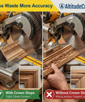 AltitudeCraft Crown Stops for miter saw with crown molding jig on DEWALT saw; shows tight corners