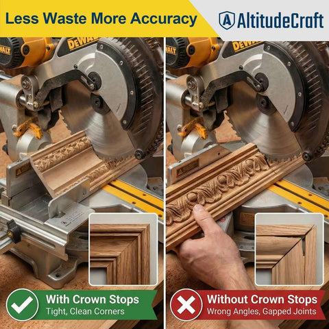 AltitudeCraft Crown Stops for miter saw with crown molding jig on DEWALT saw; shows tight corners