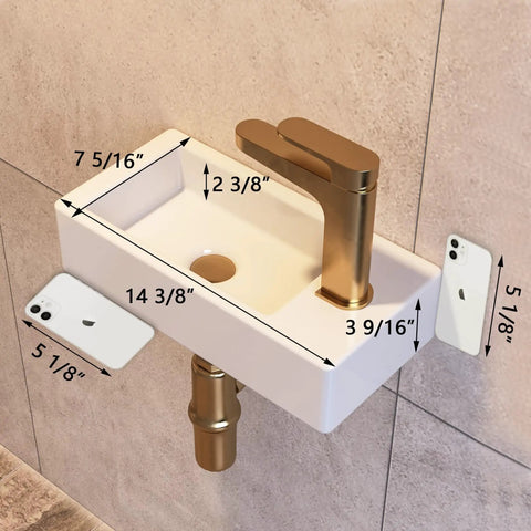 Wall Mounted Bathroom Sink 15x7 Inch Small Ceramic Rectangular Vessel Basin With Right Hand Faucet Hole Space Saving White