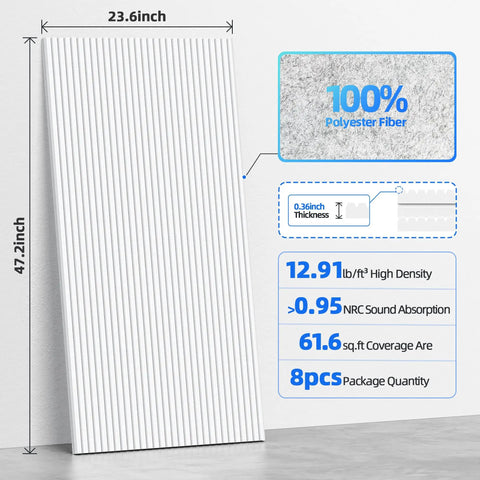 8 Pack High Density Acoustic Foam Panels Wall Mounted Self Adhesive Soundproof Noise Dampening, 47.2" x 23.6", polyester fiber.