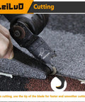 Close-up of oscillating tool cutting roof shingles with Six-Piece Oscillating Tool Hook Knife Blade Set For Carpet, Roof Shingles, Soft Materials With Storage Bag, Double Edged Universal Blades For Pushing Or Pulling, Pro Grade, Compatible With DeWalt, Dremel, Milwaukee And More.