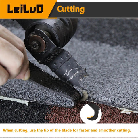 Close-up of oscillating tool cutting roof shingles with Six-Piece Oscillating Tool Hook Knife Blade Set For Carpet, Roof Shingles, Soft Materials With Storage Bag, Double Edged Universal Blades For Pushing Or Pulling, Pro Grade, Compatible With DeWalt, Dremel, Milwaukee And More.
