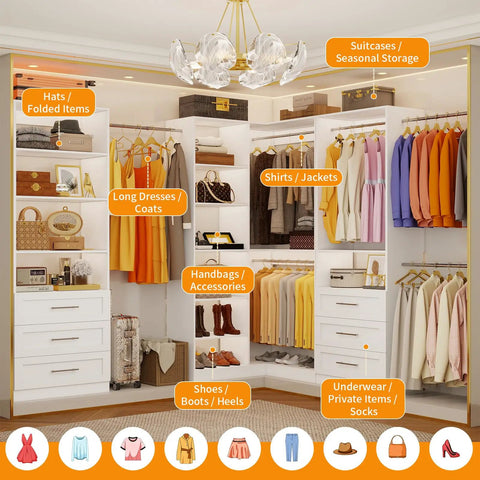Max Out Your Closet Space With This Expandable L Shaped Corner Closet System For Walk In Closets Three Piece Modular Organizer With 6 Drawers 11 Shelves 6 Hanging Rods White Finish Extends From Six Point Five To Sixteen Feet showing hats, coats, shoes, and more.