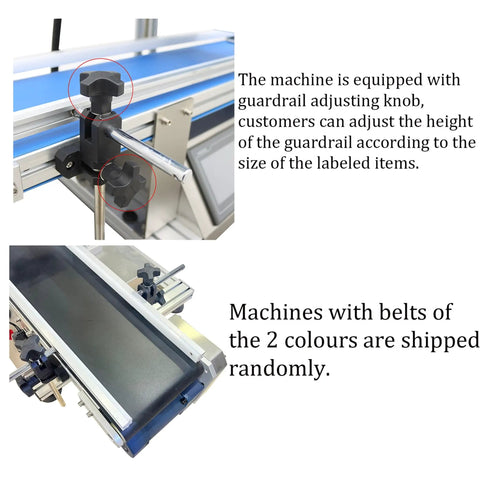 Desktop Conveyor Plane Labeling Machine 110V Plug And Play Adjustable Bottle Label Applicator with height adjusting knobs.