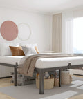 Heavy Duty King Bed Frame Built Like A Tank With 3500 Pound Capacity, featuring rounded safety corners and beige bedding.