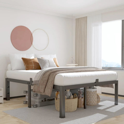 Heavy Duty King Bed Frame Built Like A Tank With 3500 Pound Capacity, featuring rounded safety corners and beige bedding.