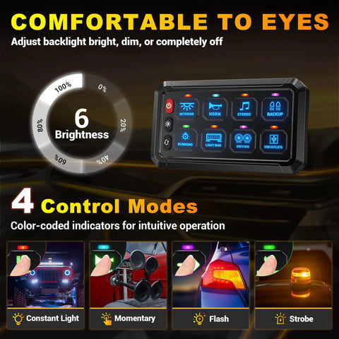 Image of 8 Gang Switch Panel with 3 silicone buttons for on off memory function, brightness adjust, single color mode, momentary strobe.