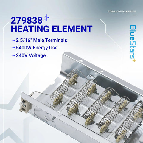 Close-up of 279838 heating element from Upgraded Dryer Repair Kit With Heating Element 279838 Thermal Fuse 3392519 And Thermostat 3977767 For Most Electric Dryers All In One Kit Fast Fix Durable Parts With Lifetime Protection.