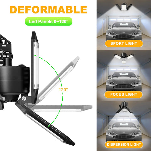 80W LED Garage Light Plug In 2 Pack 8000LM Ceiling Shop Lights With Deformable Panels for Barn and Workshop, panel angles shown
