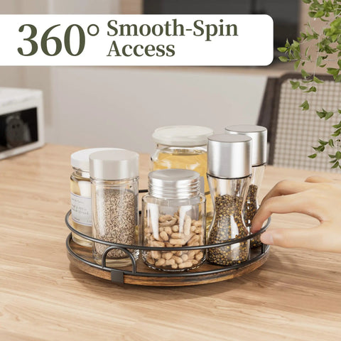 9 Inch Wooden Lazy Susan Turntable Organizer For Cabinets And Kitchen Countertops 360 Degree Rotation holding spice jars