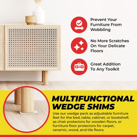 Qualihome plastic wedge shims for leveling; white 20-pack under a wooden furniture leg.