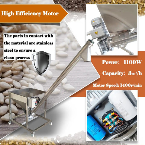 Rock Solid Automatic Screw Conveyor Feeder Machine With Food Grade Stainless Steel Auger, 3 Cubic Meter Hour Output, Plug And Play 110V Motor image with high efficiency motor.