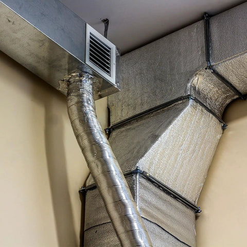 Two Roll Gray Duct Insulation Wrap With Thermal Foil Backing For HVAC Vents And Air Ducts 12 Inch Wide 20 Feet Long on ductwork.