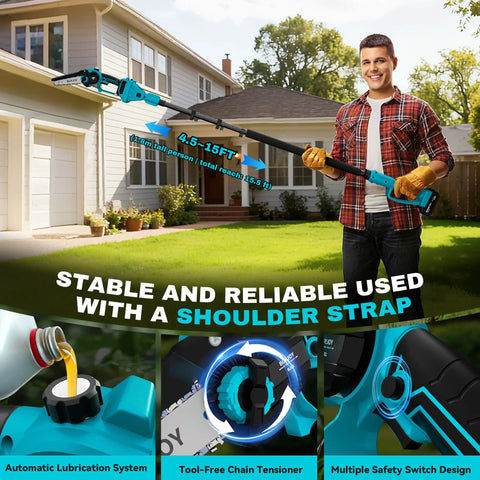 Person using Six In One Pole Saw And Cordless Hedge Trimmer Kit With Eight And A Half Feet Reach Powerhouse Mini Chainsaw