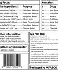 Travel medicine kit label with Drug Facts panel from MFASCO, showing active ingredients, dosages, and barcode