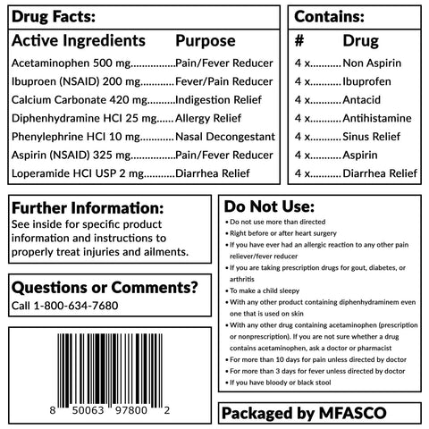 Travel medicine kit label with Drug Facts panel from MFASCO, showing active ingredients, dosages, and barcode