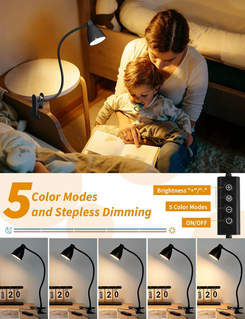 Clip On Desk Lamp With Five Color Modes And Stepless Dimming For Reading And Work 10W 38 LED Clamp Light With Auto Off Timer