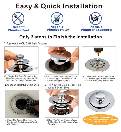Image showing installation steps for Universal Chrome Plated Lift And Turn Bath Drain Stopper And Cover No Fuss Replacement.